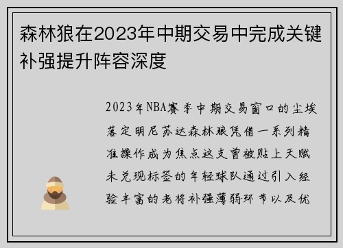 森林狼在2023年中期交易中完成关键补强提升阵容深度